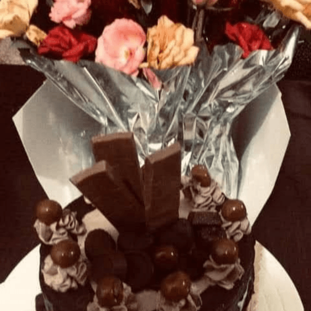 Chocolate Cake And Bouquet